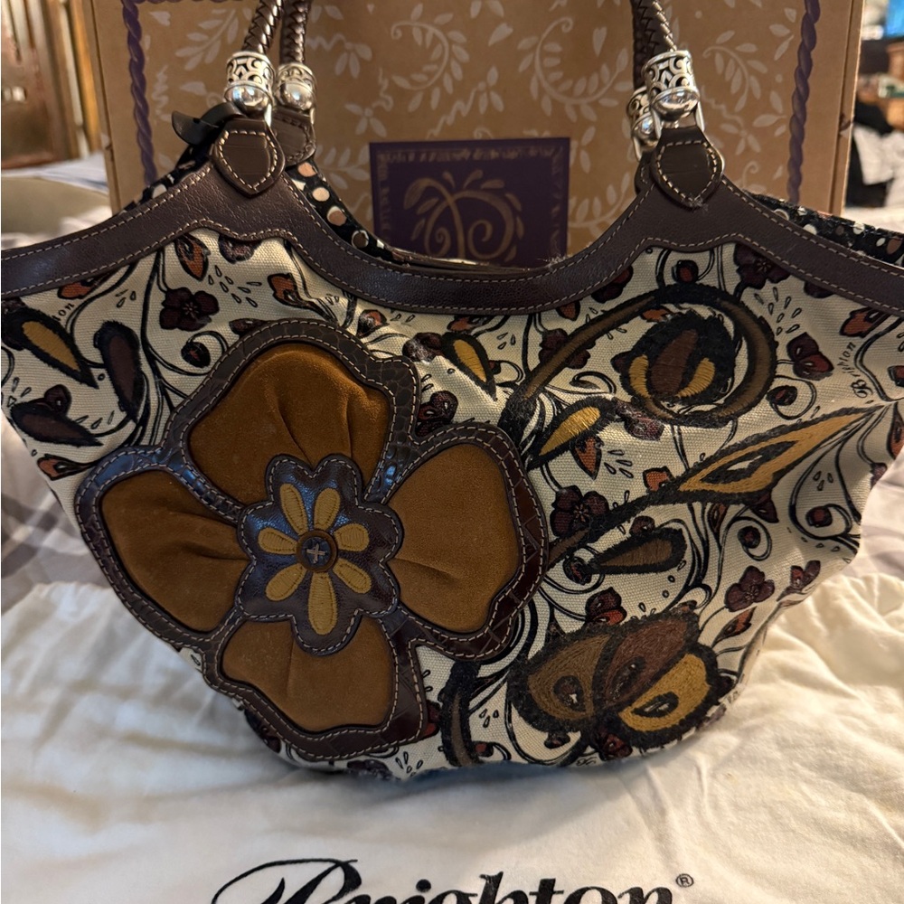 Brighton Women's Bag with Floral Design - Brown and Cream